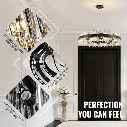 Siljoy Modern Crystal Chandelier Farmhouse Black Round 2-Tiers K9 Crystal Raindrop Chandelier Adjustable Flush Mount Crystal Ceiling Light for Dining Living Room Entryway Foyer E12x20, D39.4''