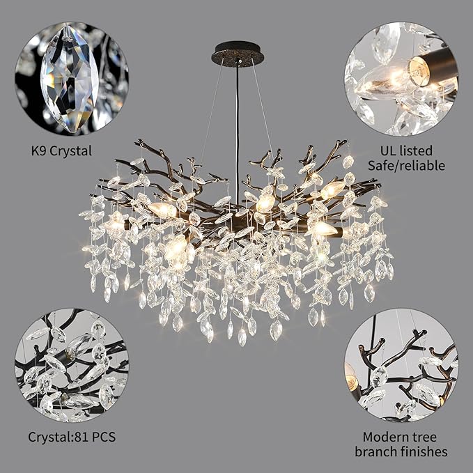 EGM Tree Branch Crystal Chandelier, 32 Inch Living Room Black Crystal Chandelier 10-Light(E12), Hanging Branch Chandeliers for Dining Room Bedroom Foyer