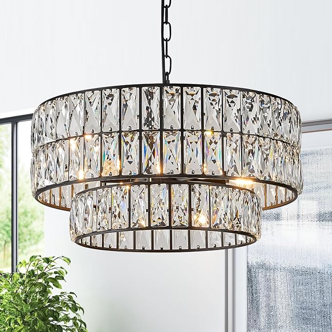 CATINER Black Crystal Chandelier 6-Lights Luxury Crystal Pendant Chandelier 20'' Drum Semi Flush Mount Ceiling Lights for Dining Room Foyer Living Room Bedroom Kitchen