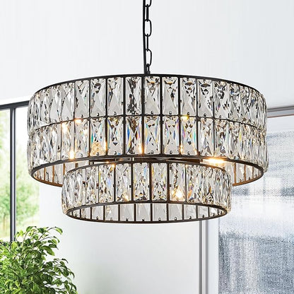 CATINER Black Crystal Chandelier 6-Lights Luxury Crystal Pendant Chandelier 20'' Drum Semi Flush Mount Ceiling Lights for Dining Room Foyer Living Room Bedroom Kitchen