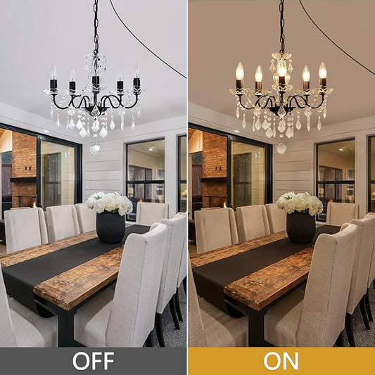 Plug in Modern 5-Light Black Chandelier with Glass Crystals, Candle Style Pendant Light Fixtures for Living Room, Girls Room, Kitchen Island, Entryway