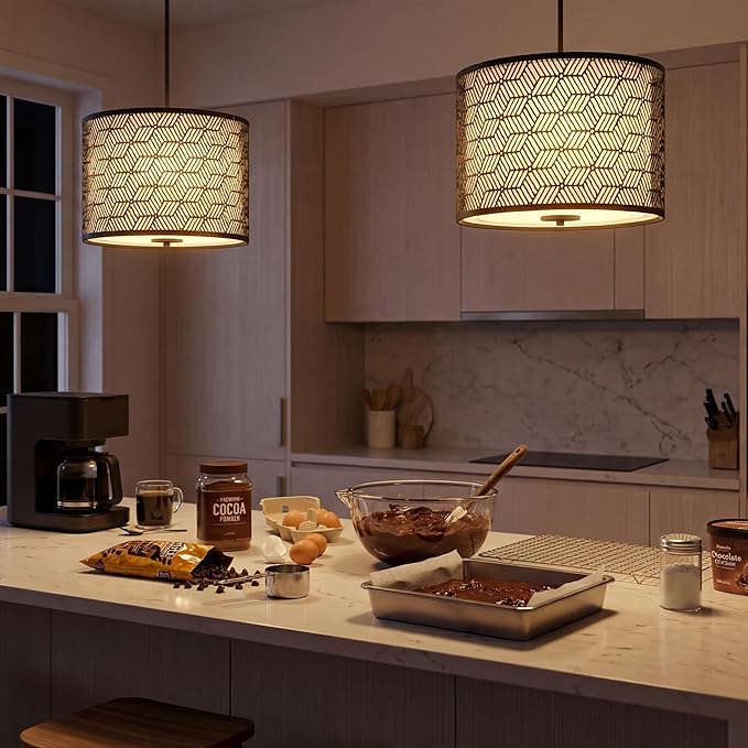 Inlight 14" Wide 3-Light Modern Kitchen Island Drum Pendant Light with Black Metal Frame and White Fabric Shade, Bulb Not Included, IN-0337-3-BK