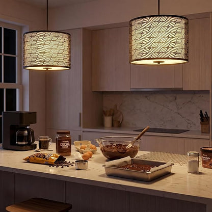 Inlight 14" Wide 3-Light Modern Kitchen Island Drum Pendant Light with Black Metal Frame and White Fabric Shade, Bulb Not Included, IN-0337-3-BK