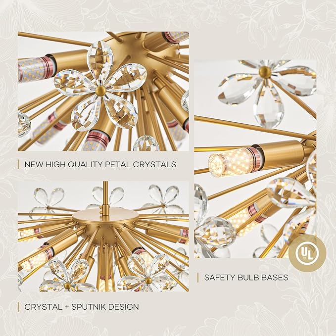 24" Modern Gold Crystal Sputnik Chandelier for Dining Living Room Glam Luxury Petal Semicircle Chandelier 8-Light for Foyer Hallway Elegant Pendant Ceiling Light Fixtures for Kitchen Bedroom