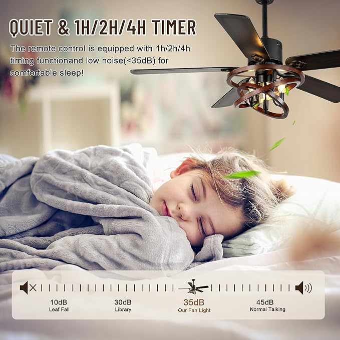 52" Ceiling Fan with Lights and Remote,Industrial Farmhouse Ceiling Fan with Adjustable Wood Grain Iron Cage,5 Reversible Dual-Color Blades,DC Quiet Motor,6 Speeds,Timer for Bedroom Living Room