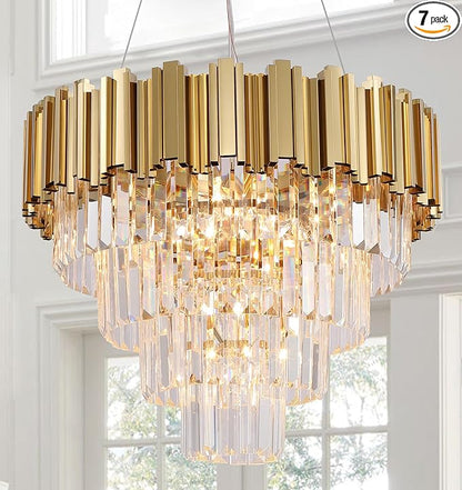 Gold Chandeliers Modern Crystal Chandelier Lighting 7 Lights Round Gold Dining Chandelier Light Fixture Ceiling Bedroom Living Room Entryway 4-Tier Golden 21.6"
