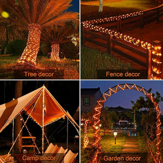 JMEXSUSS Orange Halloween Solar Lights, 66 ft 200 LED Rope Lights Outdoor Waterproof, PVC Tube Orange Christmas String Lights for Halloween Thanksgiving Fall Party Tree Fence Christmas (Pack of 2)