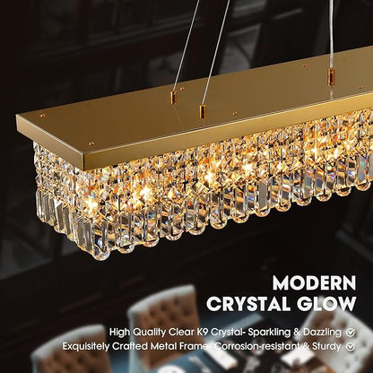 Gold Large Modern Crystal Chandeliers for Dining Room Light Fixture, 13-Light Rectangle Chandelier for Kitchen Island Living Room, L59 Inch
