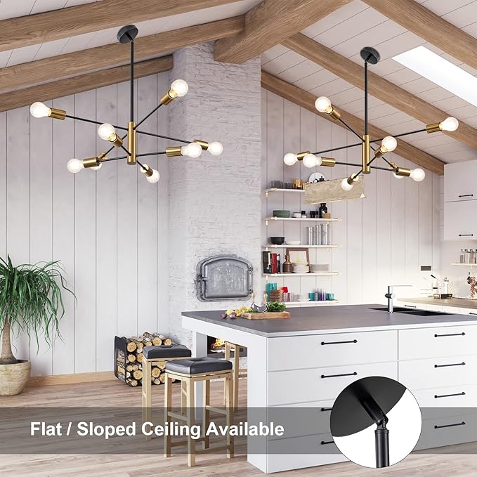 SineRise Modern Sputnik Chandelier Light Fixture, 8-Light Chandelier Ceiling Light Fixture Black and Gold Mid Century Chandelier Height Adjustable for Kitchen, Living Room, Bedroom, Hallway and Foyer