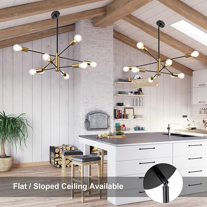 SineRise Modern Sputnik Chandelier Light Fixture, 8-Light Chandelier Ceiling Light Fixture Black and Gold Mid Century Chandelier Height Adjustable for Kitchen, Living Room, Bedroom, Hallway and Foyer