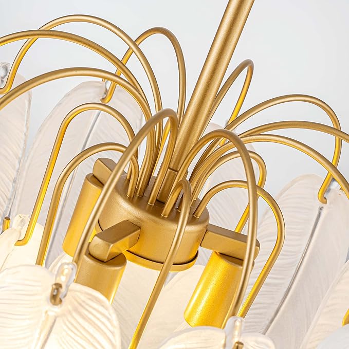 LumFurn D12inch 3-Light Glass Chandeliers, Modern 2-Tier Pendant Light Fixture for Dining Room, Living Room, D12x18~47Inch Adjustable Height, White Frosted Glass Feather Shade & Gold Finish Frame