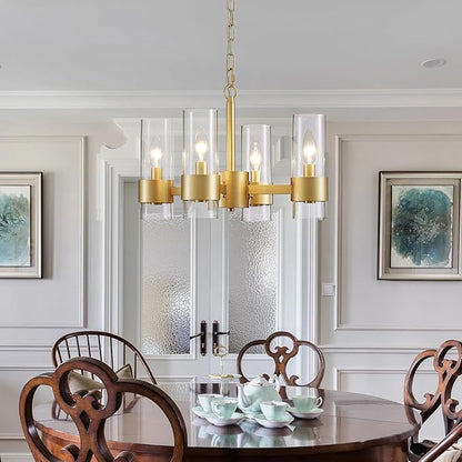 WUZUPS Industrial Chandelier 4-Light with Clear Glass Modern Farmhouse Round Light Fixture for Dining Room Kithen Island Foyer, Width 16.9" Height 12.2", Gold