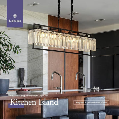 43.7" Modern Black Crystal Chandeliers for Dining Room, Luxury Rectangle 6-Light Kitchen Island Lighting, Linear Hanging Ceiling Pendant Light Fixture for Pool Table Entryway Foyer Hallway