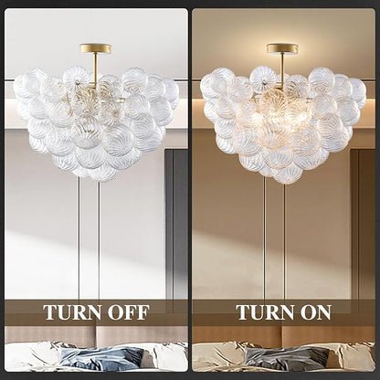 Longree Nordic Bubble Ball Swirled Glass Ceiling Lights Fixture, Dia 24 inch Gild Brass and Clear Blown Glass Small Chandelier for Bedroom Study Bathroom