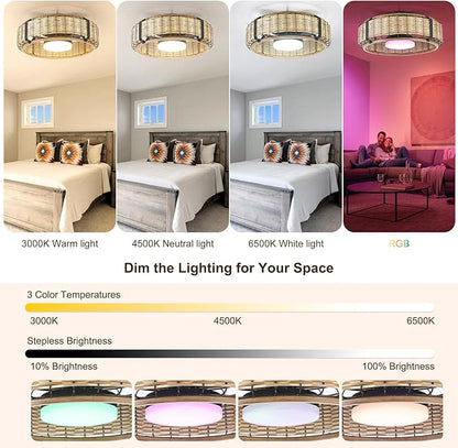 Ganeed 20" Bamboo LED Dimmable Ceiling Fan with Light and Remote Control, Boho Rattan Caged Ceiling Fans with Lights 6 Speed/Timer/RGB Flush Mount Fandelier for Kitchen Living Room Indoor Bedroom