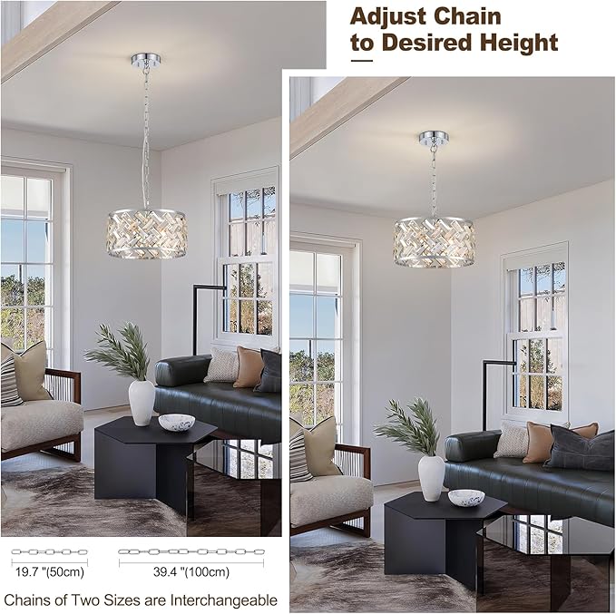 Chrome Crystal Chandelier, 3-Light Morden Dining Room Light Fixture,12.4" Small Round Semi Flush Mount Chandeliers for Kitchen Foryer Entryway Hallway Living Room Bedroom (ETL Listed)