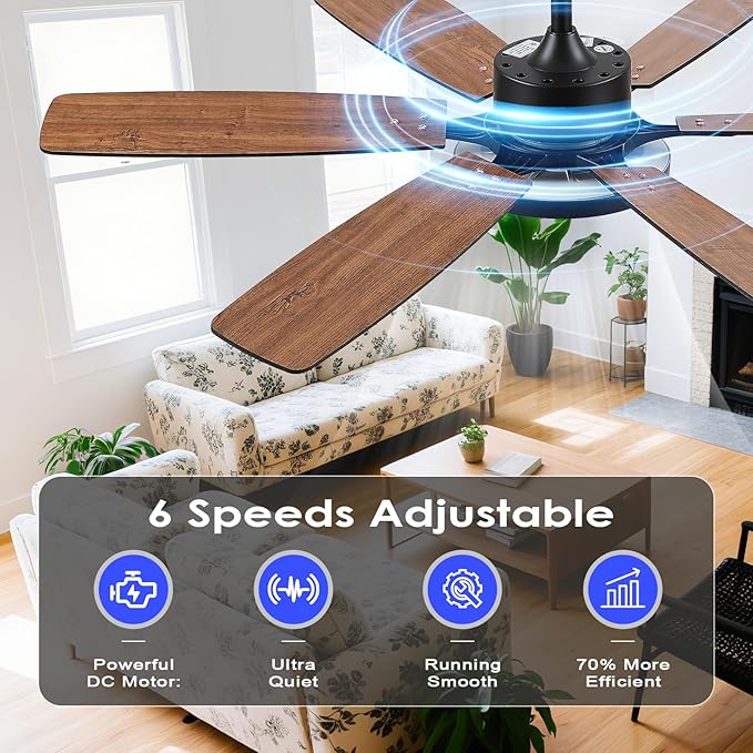 Hounberi 52 Inch Ceiling Fans with Lights and Remote, Modern Black Ceiling Fan with Light, Quiet DC Reversible Motor, 3CCT Dimmable LED Light, Black & Wood Hanging Fan for Bedroom, Living Room