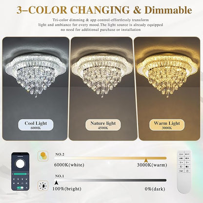24" Sliver Crystal LED Ceiling Light Fixture with Remote Control,Flush Mount Chandelier with 3-Color Dimmable for Living Room Bedroom Dining Room Hallway - Modern Flower Design
