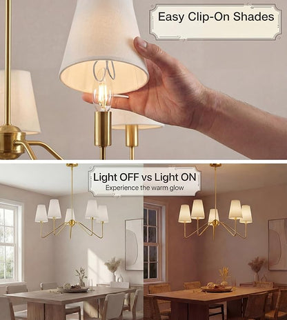 Electro bp;30" Dia 5-Arm Classic Chandeliers Polished Gold with White Linen Shades,Ceiling Light Fixture for Dining Room,Living Room,Entryway,E12,200W