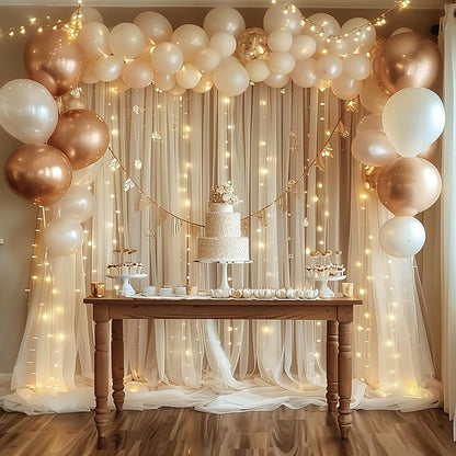 Fomcet Tulle Backdrop Curtains Champagne 30FT X 10FT Tulle Curtain with Lights String Sheer Backdrop Curtains for Parties Wedding Baby Shower Photo Shoot Decorations (6 Panels 5x10FT)