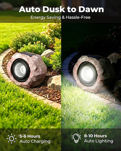 4 Pack Solar Rock Lights Outdoor, Angle Adjustable Solar Lights Outdoor Waterproof, LED Solar Garden Lights, Auto On/Off Landscape Lighting for Yard Pathway Patio Flower Bed - White Glow (Stone Brown)