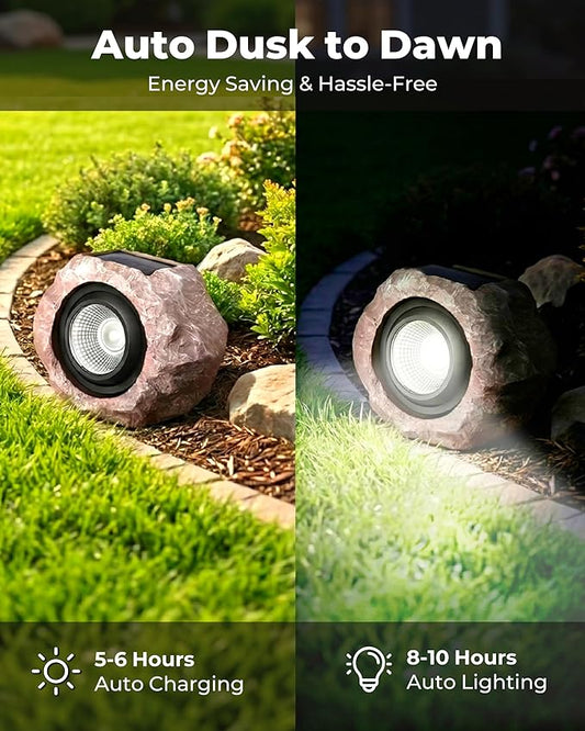 4 Pack Solar Rock Lights Outdoor, Angle Adjustable Solar Lights Outdoor Waterproof, LED Solar Garden Lights, Auto On/Off Landscape Lighting for Yard Pathway Patio Flower Bed - White Glow (Stone Brown)