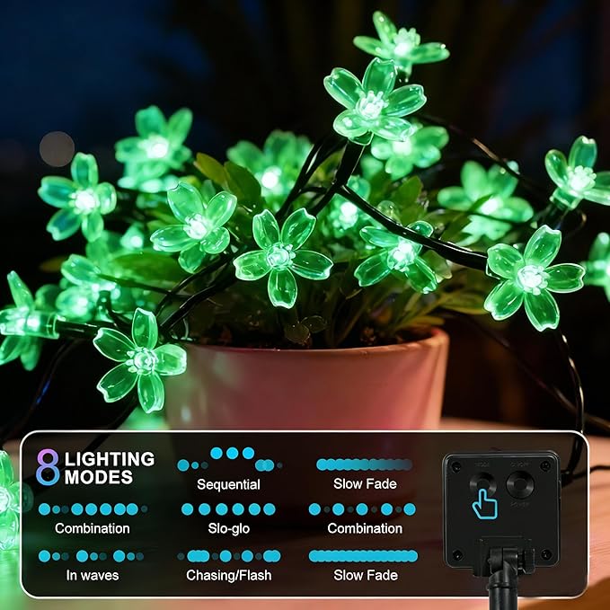 60 LED Solar String Lights Outdoor Waterproof Flower Fairy Lights for Garden Fence Patio Yard Christmas Tree Lawn Wedding Party Decor, Green