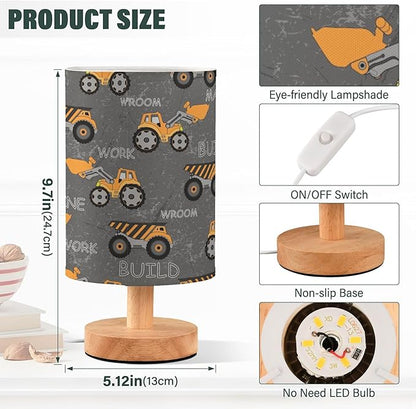 Table Lamp Construction Car Truck Excavator Nightstand Lamp with Wood Base Fabric Lamp Shade Bedside Desk Lamp for Living Room Bedroom Kids Room Office