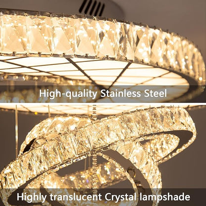 HAIXIANG Crystal Glam Chandelier LED Ceiling Light Dining Bedroom Interior Lighting Fixtures Remote Dimmable Ceiling Chandeliers 24 Inches Silver Light