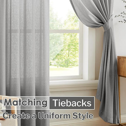 Melodieux Grey Semi Sheer Curtains 96 Inches Long for Living Room, Bedroom Faux Linen Texture Farmhouse Rod Pocket Shiny Sheer Curtains Drapes Light Filtering, 52" W x 96" L, 2 Panels