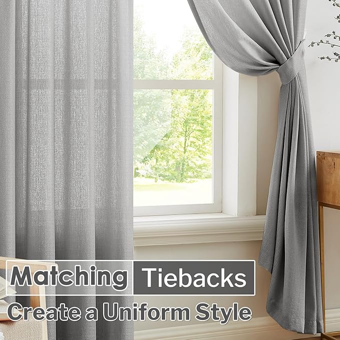 Melodieux Grey Semi Sheer Curtains 84 Inches Long for Living Room, Bedroom Linen Look Farmhouse Rod Pocket Shiny Sheer Curtain Drapes Light Filtering Home Office, 52" W x 84" L, 2 Panels