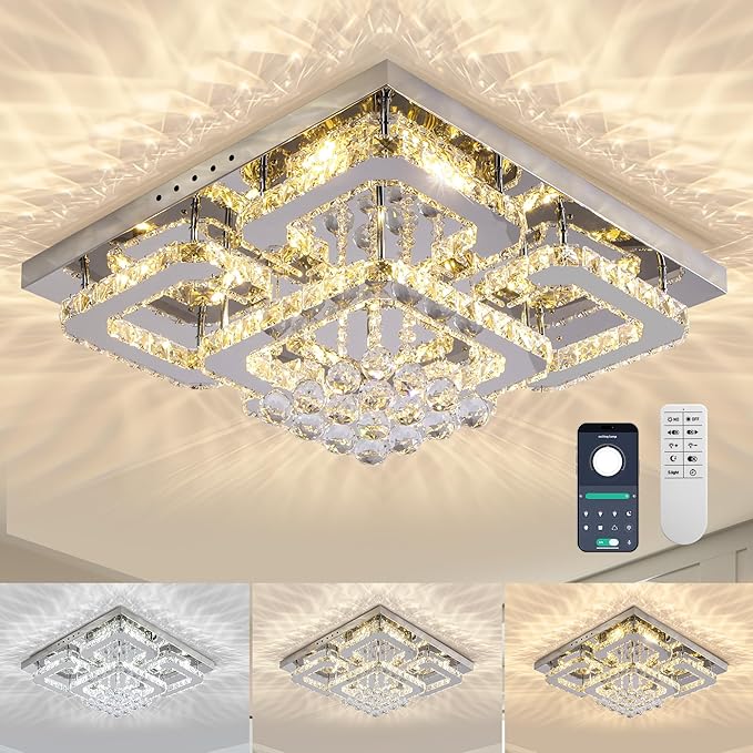 24 inch Flush Mount Chandelier Crystal Ceiling Light with Remote Control/APP,3CCT Dimmable&Brightness Adjustable, Modern Crystal Raindrop Silver Chandeliers for Bedroom Hallway Dinning Room LivingRoom
