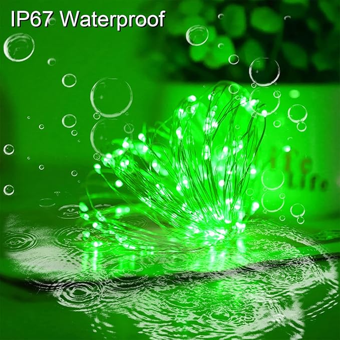 Green Solar Fairy String Lights Outdoor, 2 Pack Each 100LED 8 Modes Copper Wire Lights Christmas Decorations IP67 Waterproof for Garden, Patio, Fence, Balcony