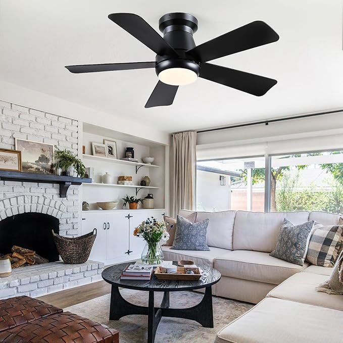 Ceiling Fan with Light, 40" Black Flush Mount Ceiling Fans with Remote Control,3CCT Dimmable LED, ABS 5-Fan Blades,Reversible Motor,Quiet Low Profile Indoor fandeliers for Bedroom Living Room