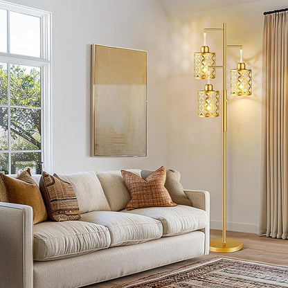 Dimmable Floor Lamp, Farmhouse Standing Lamp with Elegant Metal Cage, Industrial Tall Tree Floor Lamps for Living Room, Bedroom, Study Room, Office, 2000LM LED Bulbs Included - 68", Gold