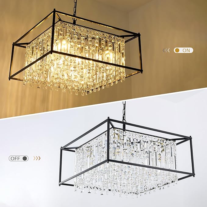 24" Modern Chandeliers for Dining Room,Black Crystal Chandelier, Adjustable Chain Length,5-Light Pendant Light Fixture for Kitchen Island Living Room Entryway Foyer Flat and Inclined Ceiling