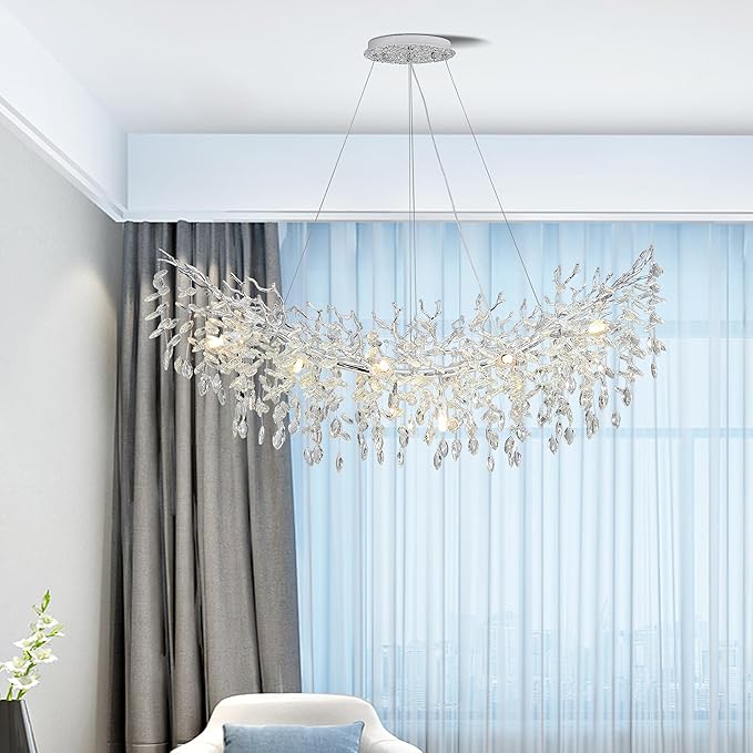 Modern Crystal Tree Branches Chandelier, 40in Silver 10 Lights Large Ceiling Hanging Light for Dining Room, Arc Raindrop Pendant Light Fixture