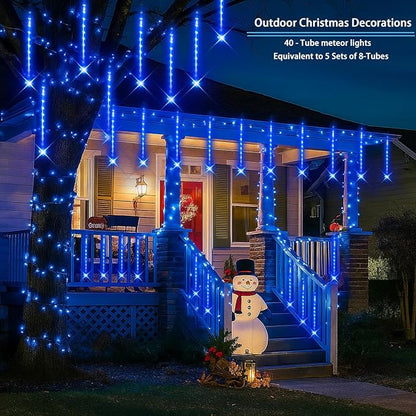 Purtuemy Blue Christmas Icicle Lights Outdoor: 40 Tube(Equivalent to 5 Sets of 8-Tubes) Meteor Shower Rain Lights - Waterproof Christmas Halloween Decorations for Yard Outside Tree Roof, UL Plug