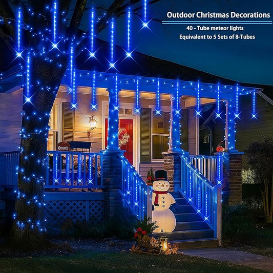 Purtuemy Blue Christmas Icicle Lights Outdoor: 40 Tube(Equivalent to 5 Sets of 8-Tubes) Meteor Shower Rain Lights - Waterproof Christmas Halloween Decorations for Yard Outside Tree Roof, UL Plug