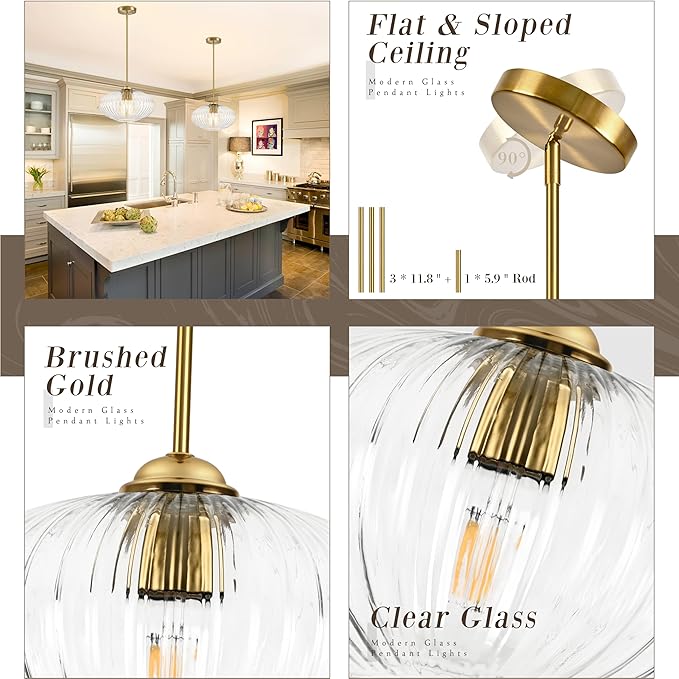 10" Clear Glass Modern Pendant Light Kitchen Island Brushed Gold Mid Century Modern Pendant Lighting with Clear Glass Hanging Pendant Light for Dining Room（Bulb Incl.）