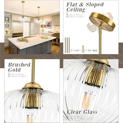 10" Clear Glass Modern Pendant Light Kitchen Island Brushed Gold Mid Century Modern Pendant Lighting with Clear Glass Hanging Pendant Light for Dining Room（Bulb Incl.）
