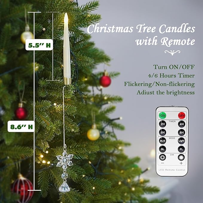 12PCS Flameless Christmas Tree Candles with Remote，Battery Operated Flickering Candles Christmas Tree Lights,LED Taper Candle for Home Parties Birthday Gift with Snowflake Hook(Ivory)