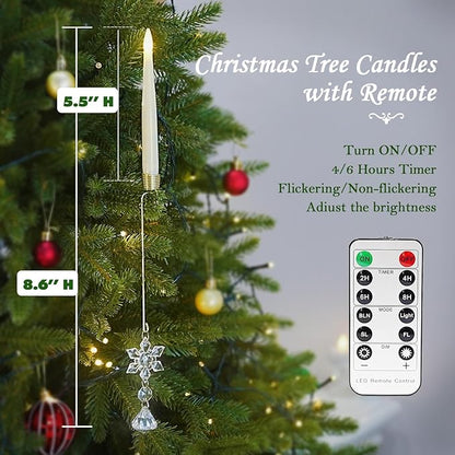 12PCS Flameless Christmas Tree Candles with Remote，Battery Operated Flickering Candles Christmas Tree Lights,LED Taper Candle for Home Parties Birthday Gift with Snowflake Hook(Ivory)