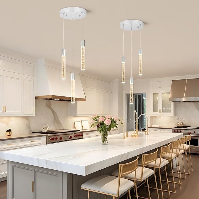 3 Light Pendant Lights Kitchen Island,Modern LED Bubble Crystal Pendants with Dimmable 3000K-6000K Ceiling Hanging Light Fixture for Dining Room Bedroom,Chrome Finish,Adjustable Height 59"