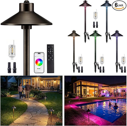 Gardenreet Brass Smart RGBCW 12v Path Light, Bluetooth App Control Landscape Lighting Waterproof, Low Voltage Dimmable Adjustable Warm/Cool White G4 Bulb, Year-Round Daily Yard Ambiance, Bronze 6 Pack