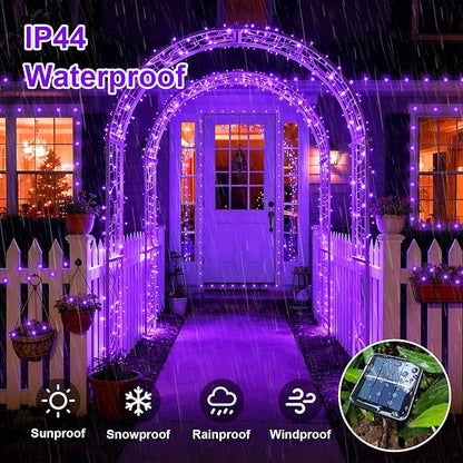 QITONG Solar Fairy Lights Outdoor Waterproof, 2 Pack Each 66ft 200 LED Purple Christmas String Lights, Silver Wire Twinkle Mini Lights with 8 Modes