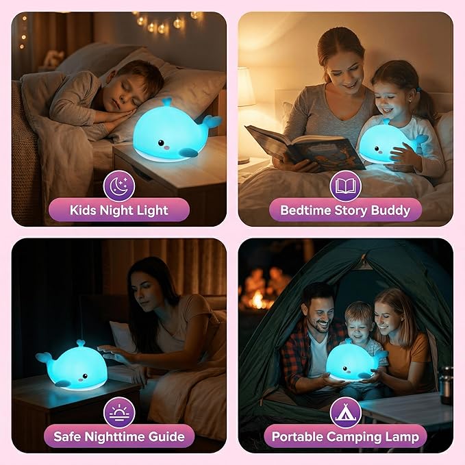 Whale Baby Night Light for Kids with Remote & Timer, Dimmable LED Squishy Soft Silicone Tap Lamp, USB Rechargeable Toddler Bedside Light for Breastfeeding, Kawaii Ocean Nursery Decor Gift