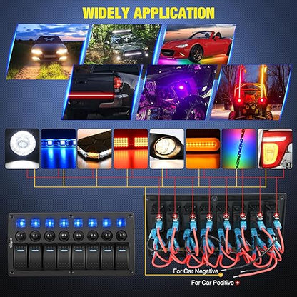 Nilight 8 Gang Rocker Switch Panel Waterproof Pre-Wired Marine with Resettable Circuit Breaker LED Backlight 5A 10A 15A Breakers 12V 24V ON Off 3 PIN Toggle Switches for Car Truck Boat RV