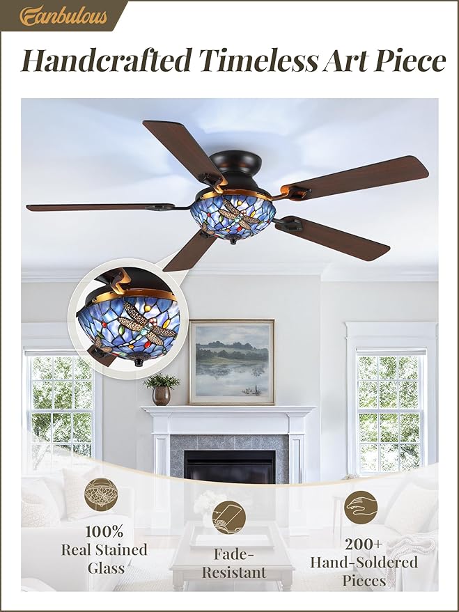 Fanbulous 52 Inch Tiffany Stained Glass Ceiling Fan,Stepless Color 24W LED, Dimmable, Remote & APP Control Quiet DC Motor Vintage Flush Mount Ceiling Fan,5 Dual-Finish Blades for Bedroom