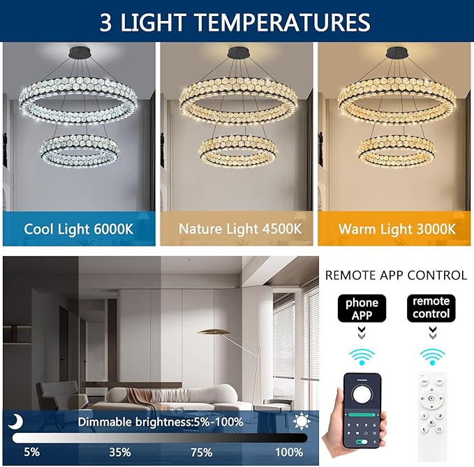 2 Rings Crystal Chandeliers for Dining Room for Living Room Bedroom High Ceiling Light Fixture LED Dimmable with Remote Ring Lights Black